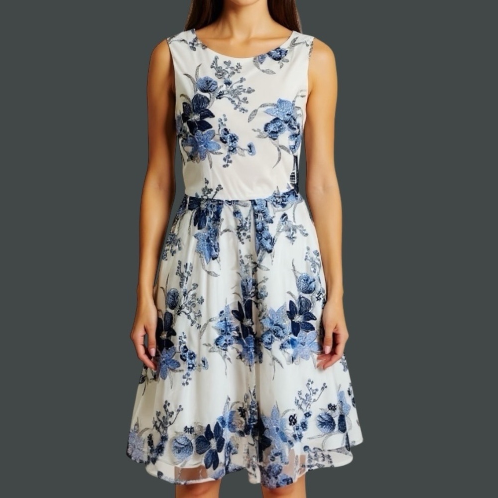 Tahari ASL‎ Embroidered Mesh Dress 8 Blue Silver Fairy Garden Prom Y2K Revival